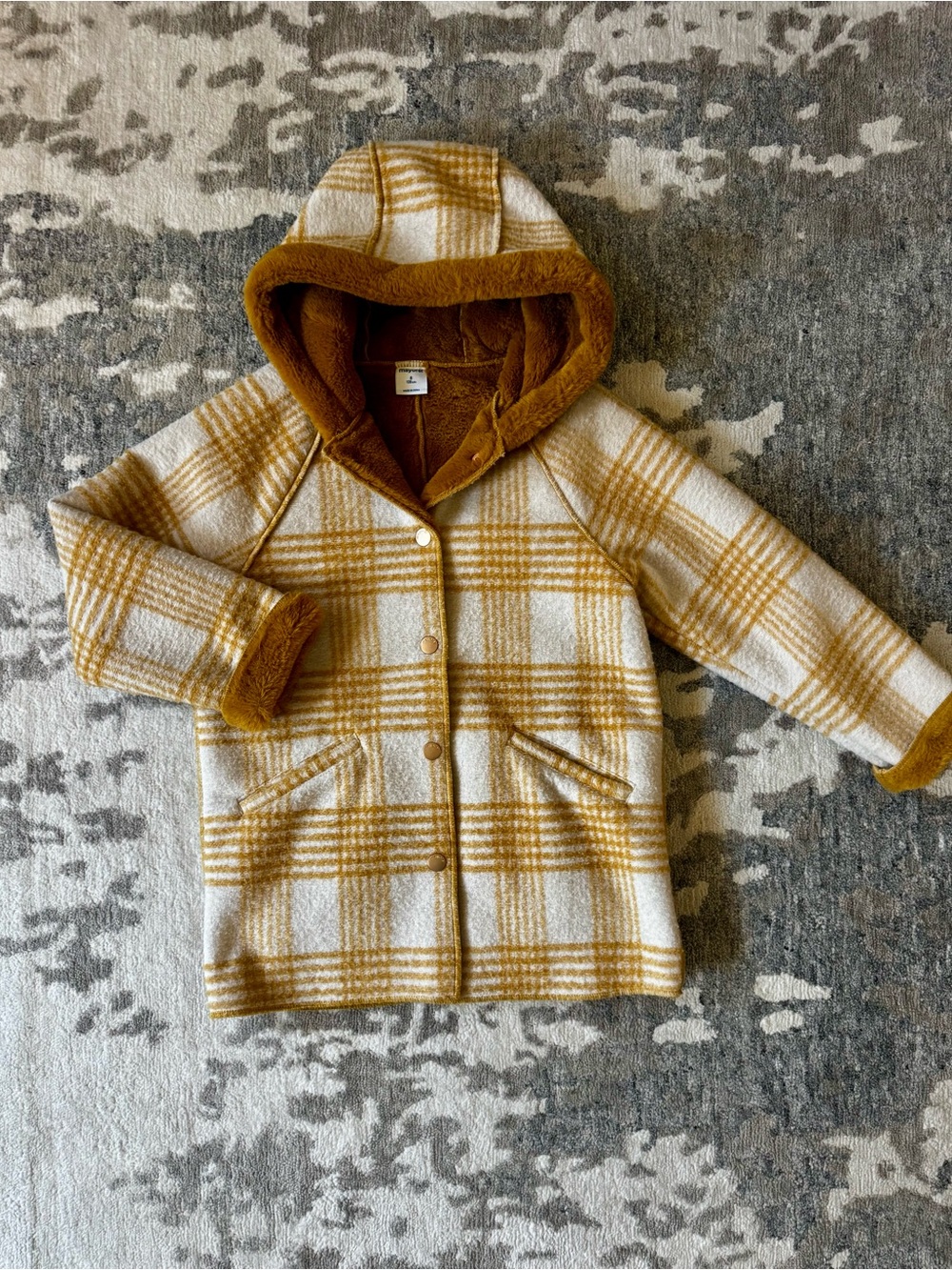 Plaid Hooded Coat in Cream and Mustard